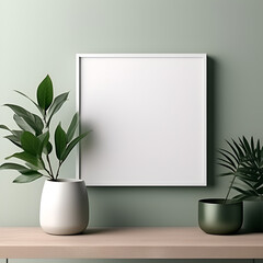 the layout of a square frame in a modern minimalist interior with a plant on a white wall background