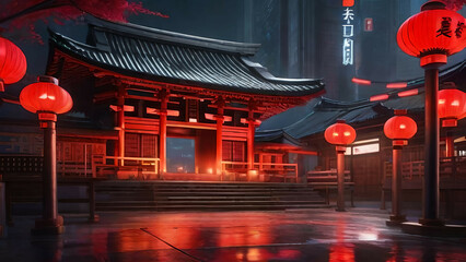 Chinese temple with red lanterns in the fog. AI generated.