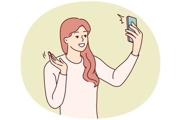 Smiling woman wave talk on webcam call on cellphone. Happy female have online video chat on smartphone. Technology concept. Vector illustration.