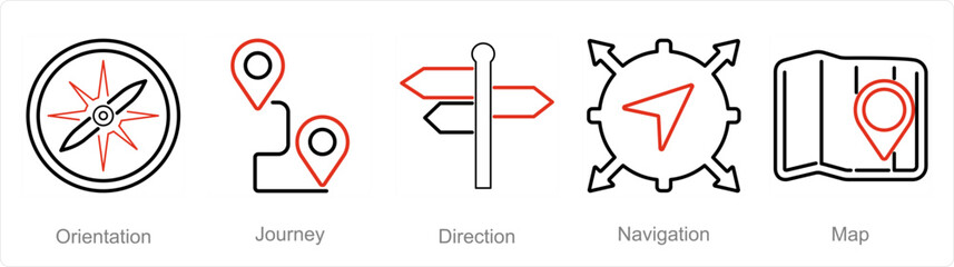 A set of 5 Adventure icons as orientation, journey, direction