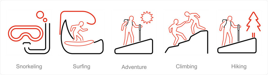 A set of 5 Adventure icons as snorkeling, surfing, adventure