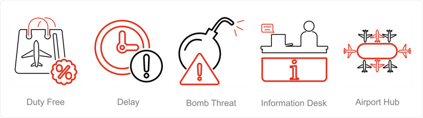 A set of 5 Airport icons as duty free, delay, bomb threat - obrazy, fototapety, plakaty