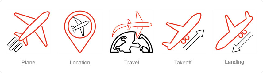 A set of 5 Airport icons as plane, location, travel