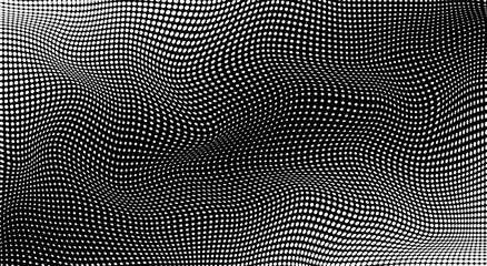 Spotted gradient pattern. Wavy halftone effect. Black white banner. Optical texture with dots. Monochrome dot background. Futuristic pop art print. Vector illustration.