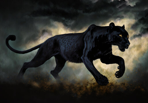 realistic illustration of running black panther with dark background and dramatic sky