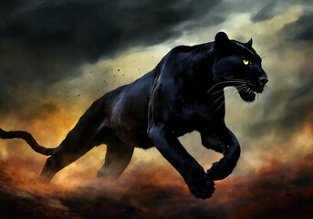 realistic illustration of running black panther with dark background and dramatic sky - obrazy, fototapety, plakaty
