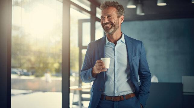 Smiling, mature man in a stylish business suit holding a coffee cup, standing in an office