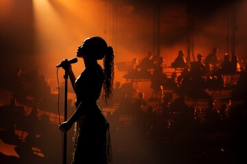 Enigmatic singer backlit by stage lighting, Generative AI
