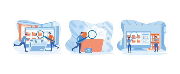Obraz premium Storage and indexing of information. Information storage and indexing. File manager and data storage. Storage set flat vector modern illustration 