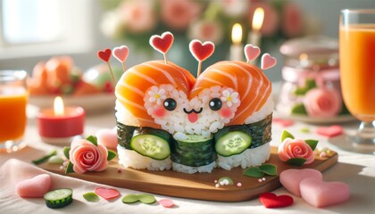 Heart sushi for Valentine's dinner, designed to be cute and appealing. The table was set with attractive heart sushi, perfect for Valentine's Day.