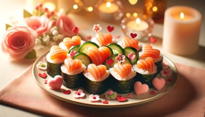 Salmon and cucumber sushi arranged in hearts for a Valentine's feast. Celebrate love with a whimsical sushi arrangement this Valentine's Day.