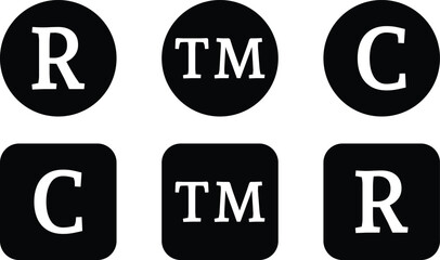 Registered, trademark, and copyright icon vector in black square and circle style. Legal product sign symbol. Vector illustration