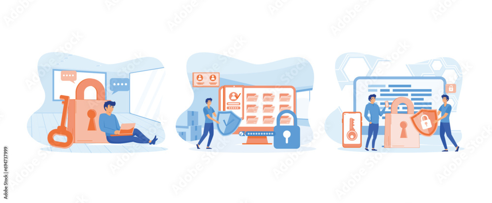 Poster privacy data protection, flat personal cyber data security user with shield log in protection web ac