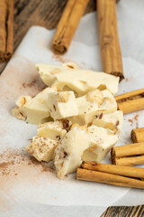 homemade white chocolate with cinnamon and nuts