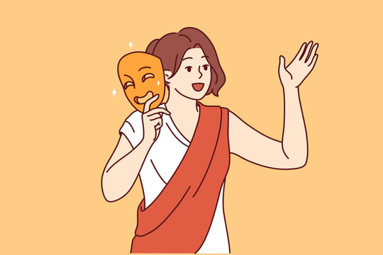 Woman actor in antique clothing holds mask for theatrical production and performs monologue in front of audience. Girl actress rehearsing theatrical performance about ancient greek life and traditions