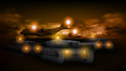 Silhouette Of Military Tanks, Plane And Army SUV. - obrazy, fototapety, plakaty