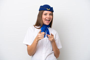 Airplane Lithuanian woman stewardess isolated on white background pointing to the front and smiling