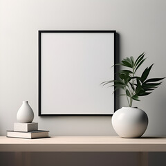 the layout of a square frame in a modern minimalist interior with a plant on a white wall background
