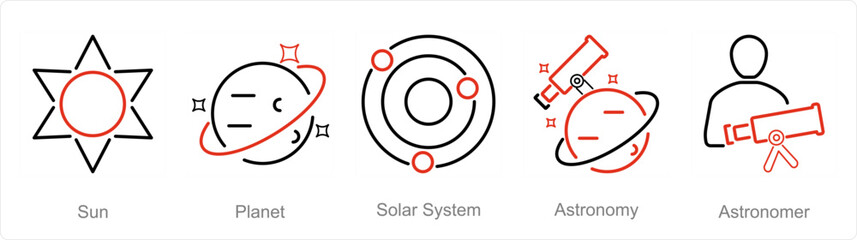 Fototapeta na wymiar A set of 5 Astronomy icons as sun, planet, solar system