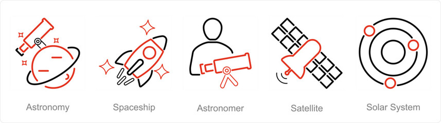 A set of 5 Astronomy icons as astronomy, spaceship, astronomer