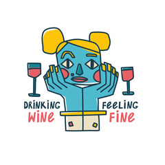 Illustration with abstract portraits and wine. Abstract people at the wine party. Girl with a glass of red wine. A man with a glass of white wine. Trendy print for bar or menu. Vector