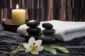 Fototapeta na wymiar Wellness Decoration, Spa Massage Setting with Oil, Stones, and Towel for Relaxing Moments Created with Generative AI Tools