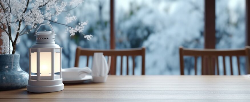 A Lamp Sits On The Table Outside In What Looks To Be A Winter Dining Room