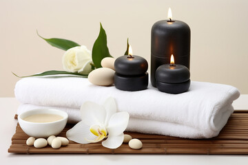 Obraz na płótnie Canvas Wellness Decoration, Spa Massage Setting with Oil, Stones, and Towel for Relaxing Moments Created with Generative AI Tools