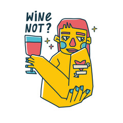 Illustration with abstract portraits and wine. Abstract people at the wine party. Girl with a glass of red wine. A man with a glass of white wine. Trendy print for bar or menu. Vector