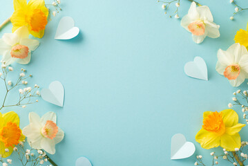 Fresh daffodils blossom in spring concept. Top view photo of white and yellow daffodils and gypsophila with heart-shaped confetti on pastel blue background with copy-space for text or advert