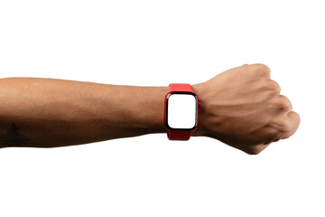 black male arm wearing and showing red smartwatch with blank screen isolated