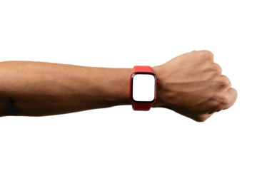 black male arm wearing and showing red smartwatch with blank screen isolated