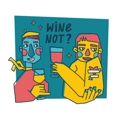 Illustration with abstract portraits and wine. Abstract people at the wine party. Girl with a glass of red wine. A man with a glass of white wine. Trendy print for bar or menu. Vector