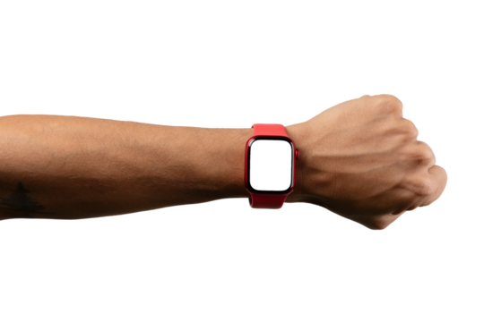 black male arm wearing and showing red smartwatch with blank screen isolated