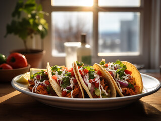 Delicious Mexican tacos with meat and vegetables. Traditional food, Latin American, Mexican cuisine. Photorealistic, background with bokeh effect. 