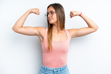 Young caucasian woman isolated on white background doing strong gesture