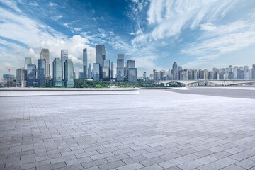 Empty brick floor and skyline of Chongqing city center in China
