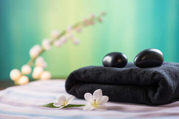 Wellness Decoration, Spa Massage Setting with Oil, Stones, and Towel for Relaxing Moments Created with Generative AI Tools
