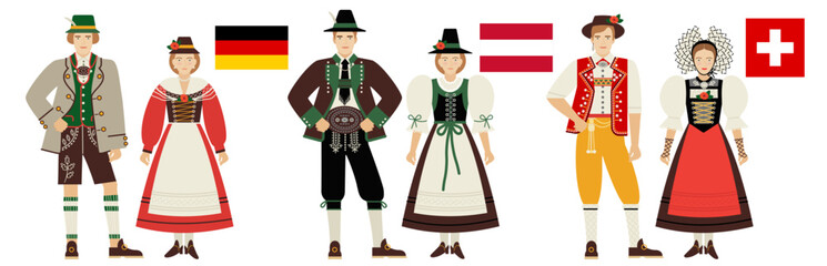 flags and costumes of German-speaking countries of Western Europe