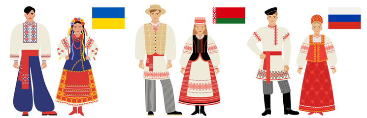 flags and national costumes of the Eastern Slavs. couples of young people in national, traditional clothes of Ukraine, Belarus, Russia, highlighted on a white background. a flat drawing. EPS 10