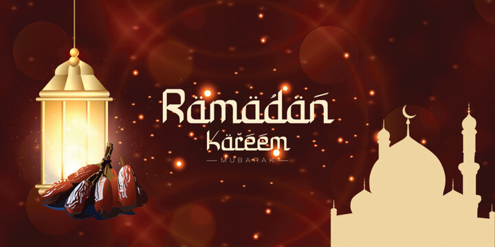 Ramadan Kareem wishes or greeting banner Ramzan Islamic bokeh background design with mosque, dates, lantern, social media banner, poster vector illustration