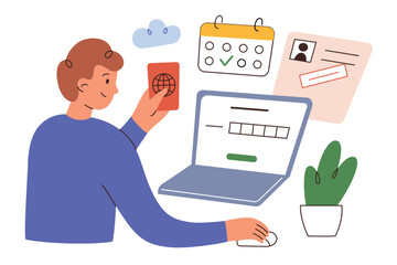 Travel visa online, application form on website, man making documents for trip on computer, hand drawn composition with laptop, calendar, passport, vector illustration of planning vacation