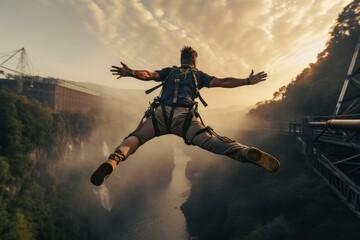 Man bungee jumping. Freedom view. Generate Ai