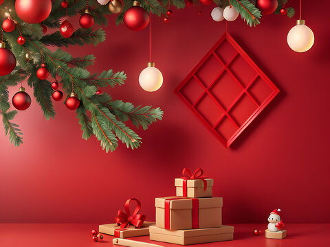 Christmas tree with red balls and a wooden frame on a red background. 3d Render Mockup