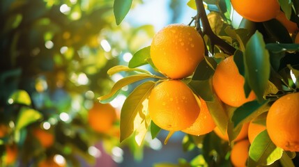 A cluster of fresh, ripe oranges hanging from a tree in an orange grove, capturing the essence of a bountiful harvest day - obrazy, fototapety, plakaty