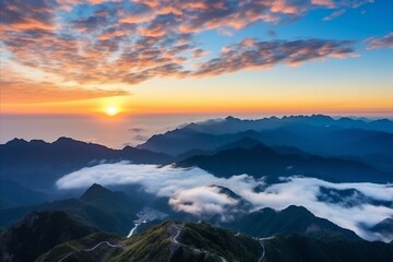 Obraz premium Aerial view of sunrise over the mountains, foggy and cloudy, clouds, mountain peaks
