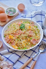 fried rice with ham and egg, on a white background,thai food,asian food, top view food table