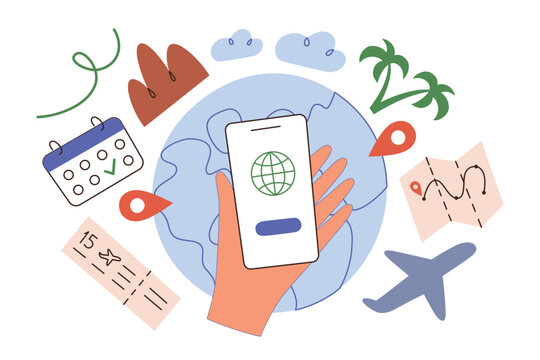 Travel app hand drawn composition, planning a trip online, doodle icons of plane, calendar, ticket, vector illustration of mobile phone screen, globe with location icons, travel agency concept