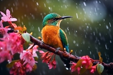 Fototapeta premium Macro shot of colorful tropical bird on a pink blooming tree brunch on a rainy weather.