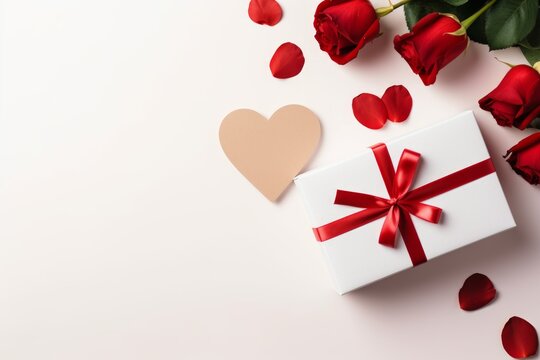 Top view candle, red roses and gift box, Valentine's card on a white table, copy space.